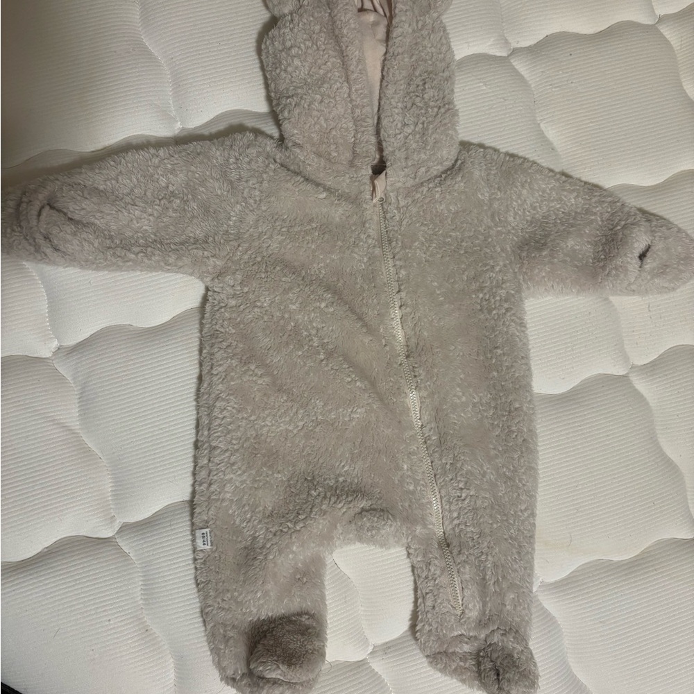 Plush Hooded Baby One-Piece in Light Taupe